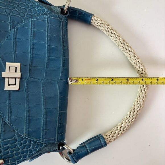 Claudia Firenze Teal Leather Croc-Embossed Handbag Rope Handle Chic Purse Italy - Picture 14 of 16
